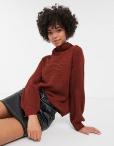 Monki high neck rib knit sweater in rust-Brown
