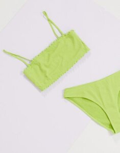 Monki Pauline recycled polyester shirred bikini top in green