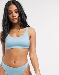 Monki recycled polyester textured scoop neck bikini top in dusty blue