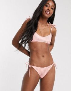 Monki recycled polyester tie side bikini brief in pink and white stripe-Multi