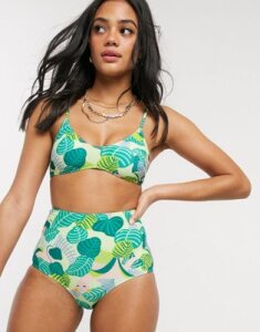 Monki recycled polyester tropical print cross back padded bikini top in green-Black