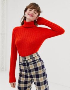 Monki roll neck ribbed sweater in orange red