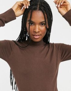 Monki round neck long sleeve rib sweater in chocolate brown