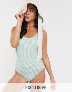 Monki scoop neck swimsuit in sage green and off white-Multi