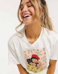Monki Tovi girl with cat printed t-shirt in off-white-Multi