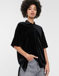 Monki velvet oversized bowling shirt in black
