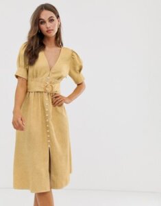 Moon River midi dress with puff sleeves and belt-Yellow