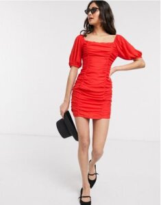Moon River ruched puff shoulder bodycon mini dress in red-Orange
