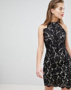 Morgan Allover Lace High Neck Mini Dress-Black