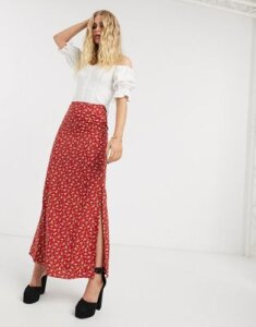 Motel maxi skirt with thigh splits in floral-Red