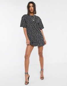 Motel mini t-shirt dress with text print-Black