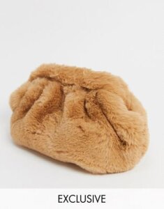 My Accessories London Exclusive slouchy pillow clutch bag in taupe faux fur-Beige