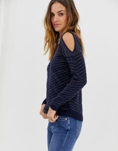 Naf Naf cozy knitted sweater with wide v neckline-Gray