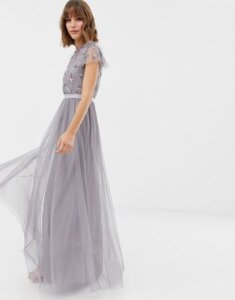 Needle & Thread embellished bodice tulle maxi gown in lavender-Purple