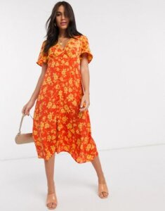 Neon Rose button front midi dress in mixed floral print-Orange