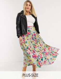 Neon Rose Plus midaxi pleated skirt with drop waist in vintage floral-Green