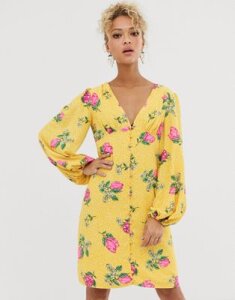 Never Fully Dressed button through mini dress with blouson sleeve in multi floral print