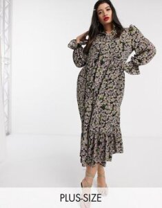 Never Fully Dressed Plus long sleeve trapeze maxi dress with neck tie in sage green floral-Multi