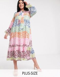 Never Fully Dressed Plus tie neck trapeze maxi dress in contrast polka dot-Multi