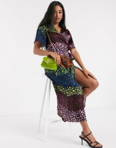 Never Fully Dressed splice wrap midi dress in contrast leopard print-Multi