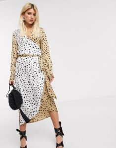 Never Fully Dressed wrap midi dress with belt in contrast leopard-Multi
