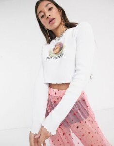 New Girl Order crop top in waffle with no angel graphic-White
