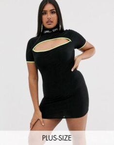 New Girl Order Curve high neck bodycon dress with cut out and contrast piping with logo neck-Black