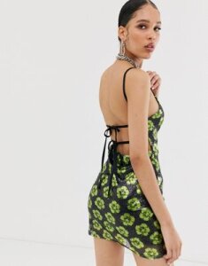 New Girl Order mini slip dress in hawaiian flower sequin-Black