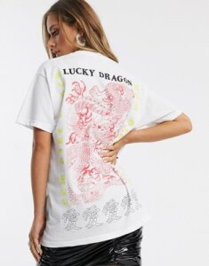 New Girl Order oversized t-shirt with symbol graphic & dragon back print-White