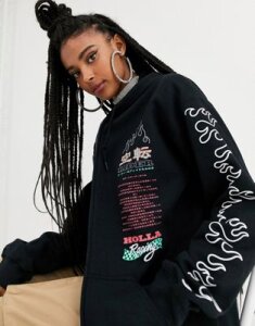 New Girl Order oversized zip up hoodie with neon logo & flame graphics-Black