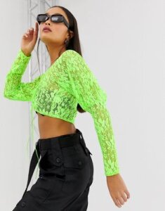 New Girl Order tie front crop top in neon lace-Green