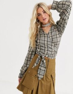 New Girl Order wrap crop top with puff sleeves in heritage check two-piece-Multi