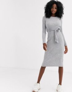 New Look belted midi knitted dress in gray