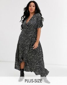 New Look Curve satin wrap dress in mono polka dot-Black