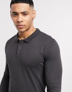 New Look long sleeve muscle fit polo in gray