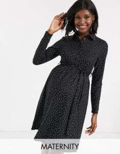 New Look Maternity belted shirt dress in black polka dot