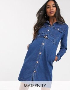 New Look Maternity denim shirt dress in blue-Black