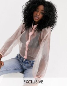 New Look organza puff sleeve long sleeve blouse in pink