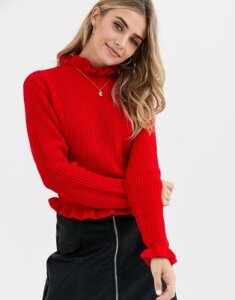 New Look ruffle edge high neck sweater in red
