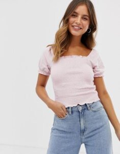 New Look shirred puff sleeve top in light pink