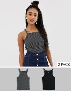 New Look two pack square neck tank in black and stripe-Multi