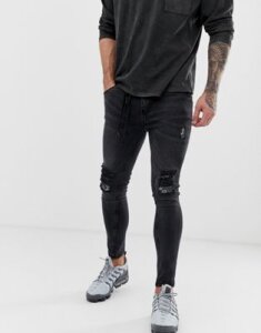 Night Addict skinny fit ripped jeans with waist rope-Black