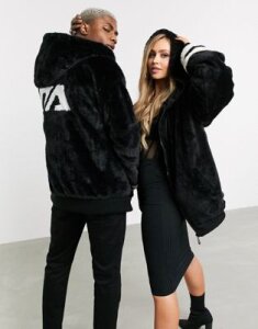 Night Addict unisex faux fur oversized zip thru jacket with hood-Black