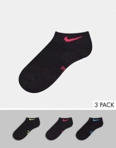Nike 3 pack black ankle socks with color swoosh