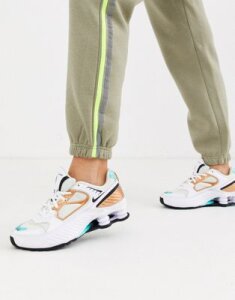 Nike white and Aqua Shox Enigma 9000 sneakers