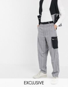 Noak wide leg pants in check with contrast pockets-Gray
