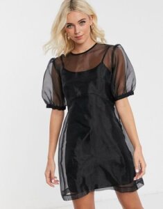 Nobody's Child mini shift dress with puff organza sleeves-Black
