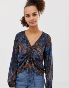 Noisy May mixed animal print ruched front blouse-Multi