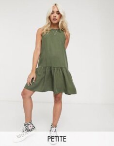 Noisy May Petite mini dress with drop waist in khaki-Green