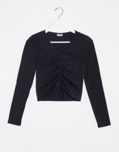 Noisy May ruched long sleeve crop top in black